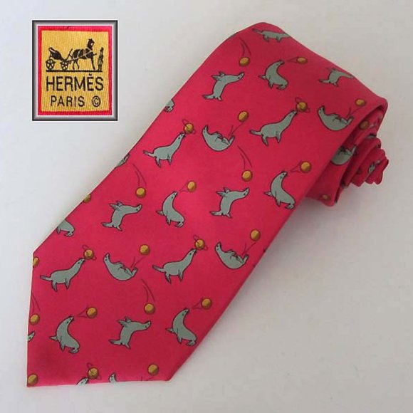 new HERMES seal w/ ball print tie France 100% silk - Picture 1 of 6